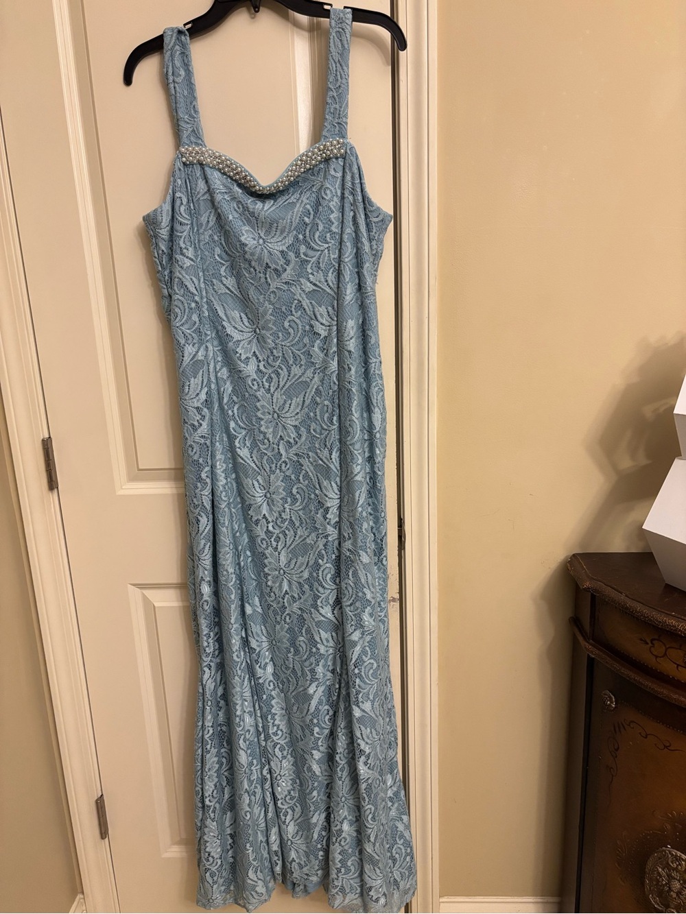 Light Blue Lace Formal Dress with Beaded Neckline By LE BOS